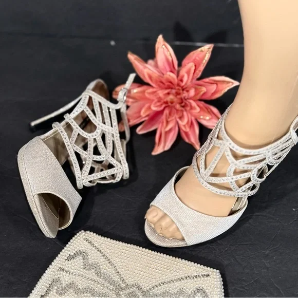 Caparros Gold Silver Rhinestone Open Toe Ankle Strap Strappy 4” Heels Size 7.5 - Picture 1 of 16